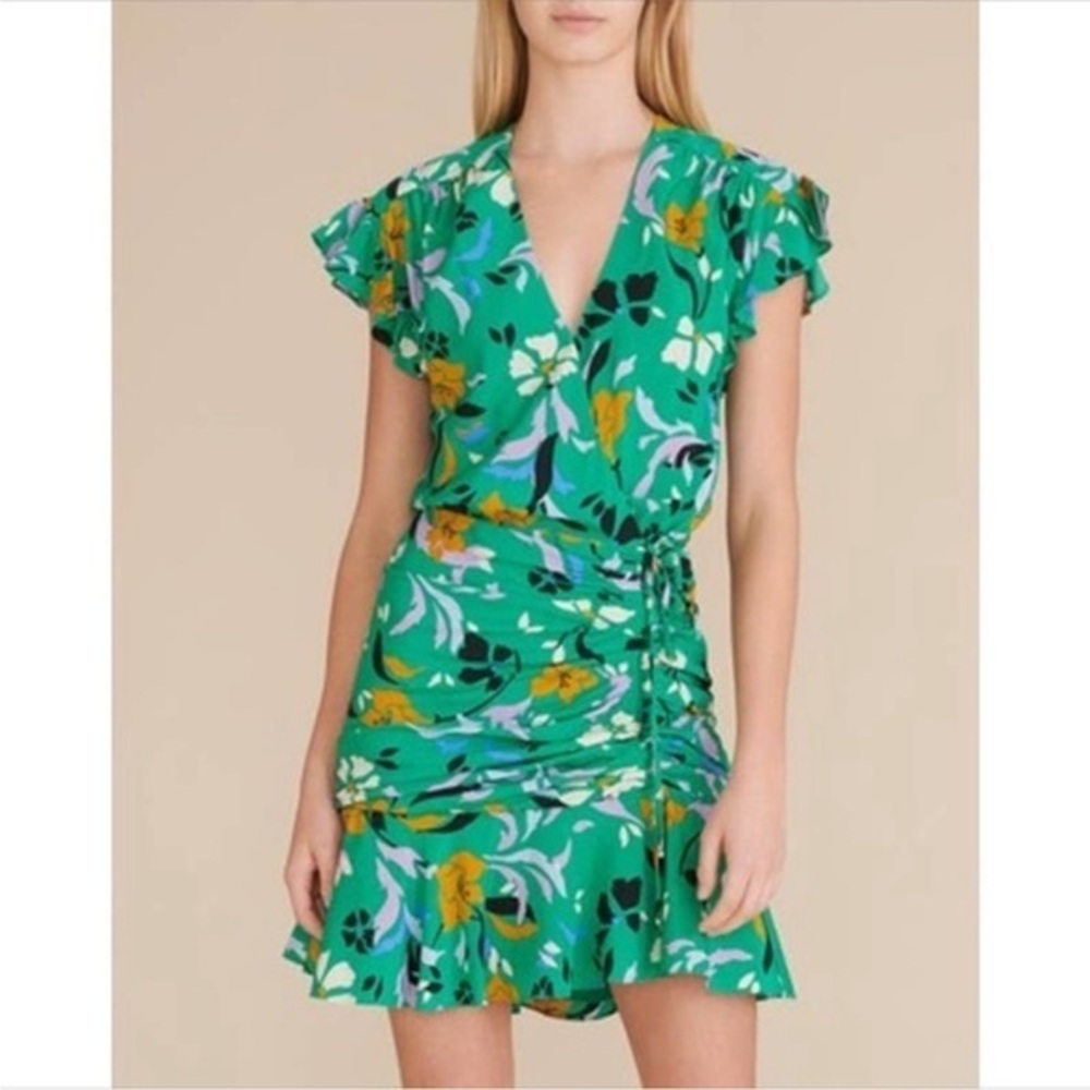 Veronica Beard Floral Ruched Mini Dress | Size 4 | Green Multicolor Print